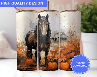 Tumbler De Outono Design Aquarela Cavalo Folhas De Outono Abóboras 20 oz Skinny Tumbler Sublimation Design Tumbler Wrap Png Digital Download