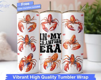 Crawfish Tumbler Wrap, In My Crawfish Era 20oz Skinny Tumbler Seamless Sublimation Design Lobster Watercolor PNG Boho Aquatic Crustacean Art