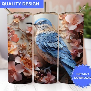 3D Tumbler Wrap 3D Bluebird Flowers Magnolia 20 oz Skinny Tumbler Sublimation Design Tumbler Wrap Png Instant Digital Download PNG