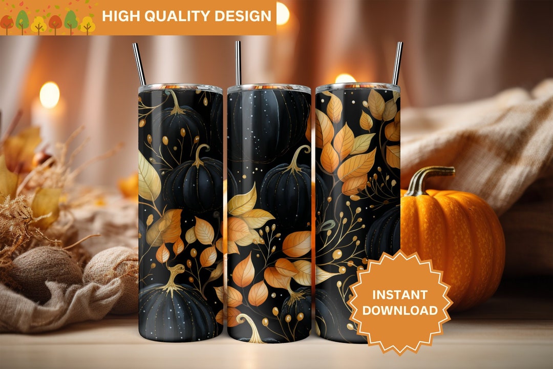 Fall Pumpkins Autumn Leaves PNG Seamless Fall Tumbler Wrap 20 Oz Skinny ...