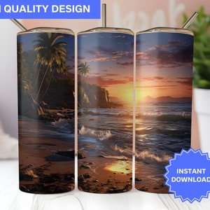 Puede incluir: Tres vasos de acero inoxidable con un diseño de puesta de sol y palmeras. Los vasos están sobre una superficie blanca con un diseño azul y blanco.