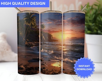 Beach Tumbler Wrap Sunset Beach View 20 oz Skinny Tumbler Sublimation Design Tumbler Wrap Png Instant Digital Download PNG