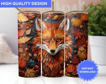 Design de copo de outono 3D Fox Folhas de outono 20 onças Skinny Tumbler Design de sublimação Tumbler Wrap Png Download digital instantâneo png