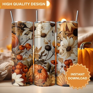 Autumn Fall Sunflowers Thanksgiving Pumpkins Seamless PNG Fall Tumbler Wrap 20 oz Skinny Tumbler Sublimation Tumbler Wrap Digital Download