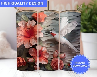 3D Tumbler Wrap 3D Hummingbird Hibiscus 20 oz Skinny Tumbler Sublimation Design Tumbler Wrap Png Instant Digital Download PNG