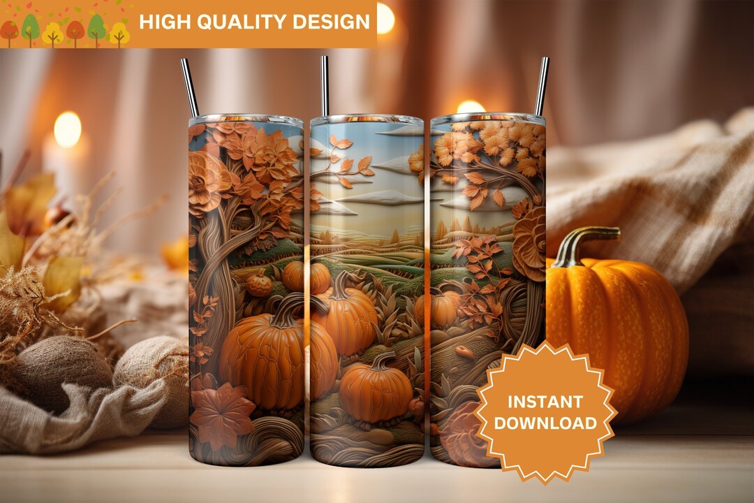 3D Fall Pumpkins Tooled Leather Fall Tumbler Wrap 20 Oz Skinny Tumbler ...