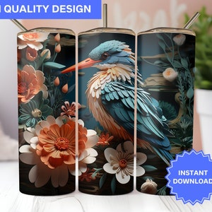 3D Tumbler Wrap 3D Kingfisher Pink Water Lilies 20 oz Skinny Tumbler Sublimation Design Tumbler Wrap Png Instant Digital Download PNG