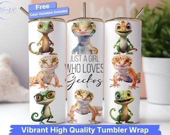 Gecko Tumbler Wrap, Just A Girl Who Loves Geckos 20 oz Skinny Tumbler Seamless Sublimation Design Cute Colorful Geckos Lover PNG