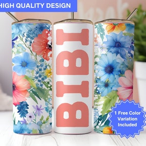 May include: Three stainless steel tumblers with a floral design. The center tumbler has the name "BIBI" in large pink letters. The text "1 Free Color Variation Included" is on a blue starburst sticker.