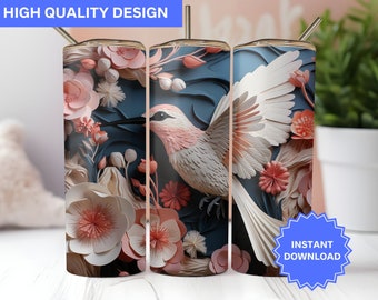 3D Tumbler Wrap 3D Hummingbird Pink Hibiscus Flower 20 oz Skinny Tumbler Sublimation Design Tumbler Wrap Png Instant Digital Download PNG