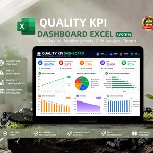 Può includere: Uno schermo di computer portatile che mostra un sistema Excel di dashboard KPI di qualità con visualizzazioni di dati tra cui grafici a linee, a torta e a barre, insieme a metriche per la produzione totale, i difetti e il punteggio.