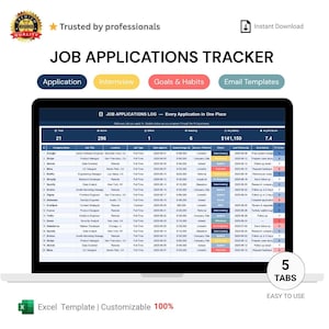 Puede incluir: Una pantalla de portátil muestra un rastreador de solicitudes de empleo. La pantalla muestra una hoja de cálculo con columnas para la empresa, el puesto de trabajo, la ubicación y el estado de la solicitud. Incluye el texto "Excel Template | Customizable 100%" y "Easy to Use".