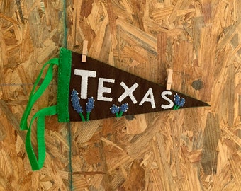 Texas Pennant with embroidered bluebonnets