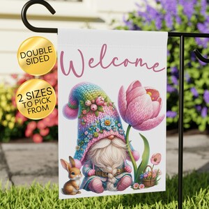 Garden Flag, Happy Easter Banner, Pink Spring Porch Decor, Pastel Gnome Easter Yard Sign, Preppy Floral Spring Flag, Happy Easter Flag