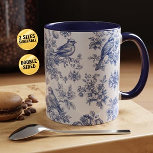 Mug, Blue French Toile Bird Coffee Mug, Elegant Animal Cup, Vintage Floral De Jouy Gift, Chinoiserie Birthday For Friend, Toile Pattern Mug