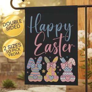 Garden Flag, Happy Easter Banner, Pink Spring Porch Decor, Pastel Bunny Easter Yard Sign, Preppy Floral Spring Flag, Pink Bow Coquette Flag