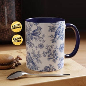 Blue French Toile Bird Mug, Elegant Animal Coffee Cup, Vintage Floral De Jouy Gift, Chinoiserie Pattern Mug