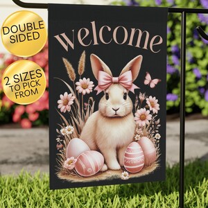Garden Flag, Happy Easter Banner, Pink Spring Porch Decor, Pink Bunny Easter Yard Sign, Preppy Floral Spring Flag, Pink Bow Coquette Flag
