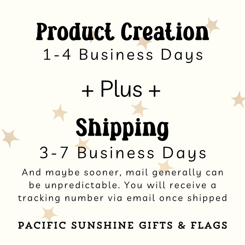 K&ouml;nnte beinhalten: Cremefarbene Grafik mit Text zu Produktentwicklung und Versandzeiten. Der Text enth&auml;lt "Product Creation 1-4 Business Days" und "Shipping 3-7 Business Days". Sterne umgeben den Text.