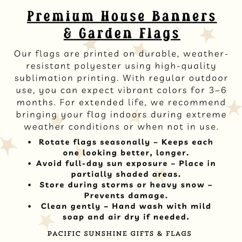 Pode incluir: Texto em fundo branco: "Premium House Banners & Garden Flags." O texto descreve as bandeiras impressas em poli&eacute;ster dur&aacute;vel e resistente &agrave;s intemp&eacute;ries com impress&atilde;o por sublima&ccedil;&atilde;o de alta qualidade. Instru&ccedil;&otilde;es de cuidados tamb&eacute;m s&atilde;o fornecidas.