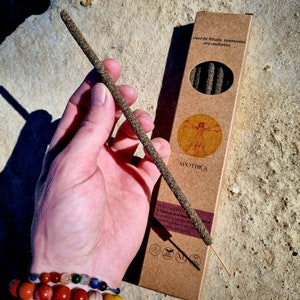 May include: A brown cardboard box with a white label that reads "Used for Rituals, ceremonies and meditation" and "APOTHICA". A single brown incense stick is held in a hand. The incense stick is labelled "Wild Sage & Cedar" and "A Cleanse and Meditation Ritual".