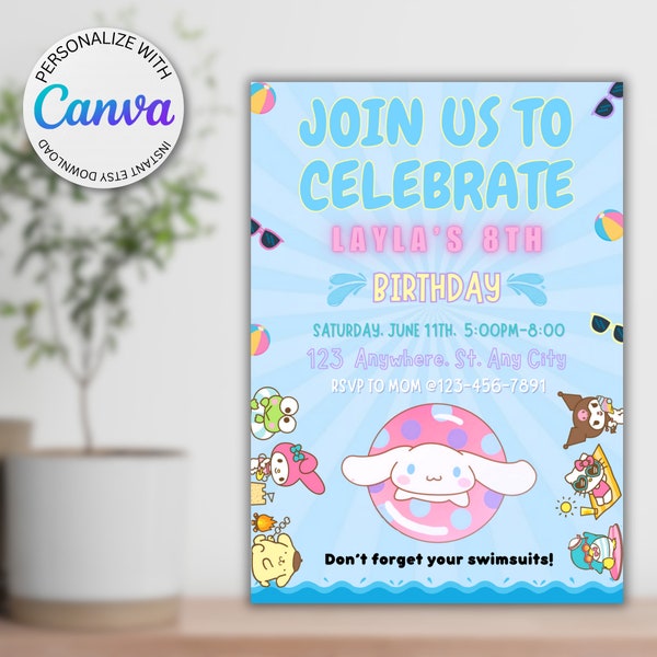 Kawaii Characters| Kawaii Pool Birthday| Digital Editable File| Cute Pool Birthday Card| Kawaii Pool Cat Invitation| Kawaii Kitty Invitatiom