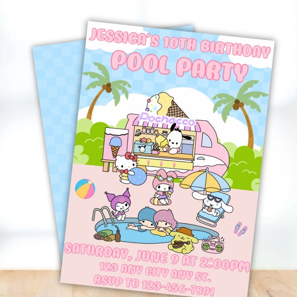 Kawaii Characters| Kawaii Pool Birthday| Digital Editable File| Cute Pool Birthday Card| Kawaii Pool Cat Invitation| Kawaii Kitty Invitation