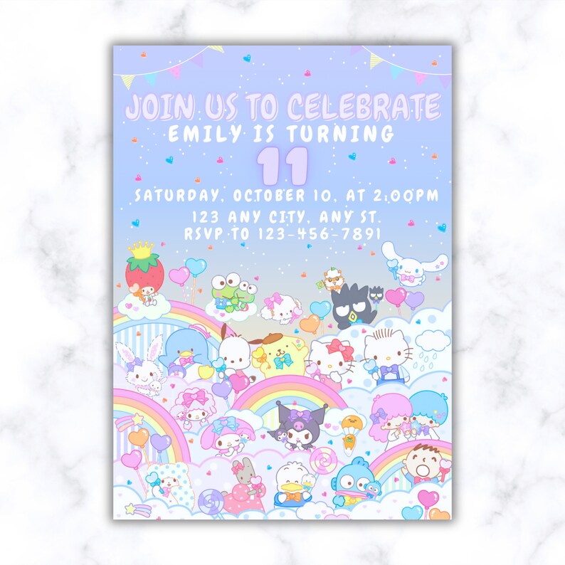 Digital Editable Kawaii Cat Invitation Template Customizable Kitty and