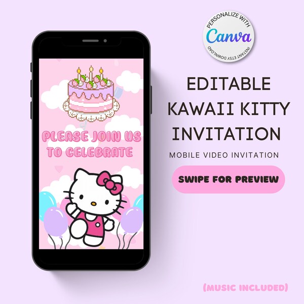 Editable Kawaii Kitty Mobile Invitation, Kawaii Kitty Digital Invitation Template, Kawaii Cat Mobile Video Invitation