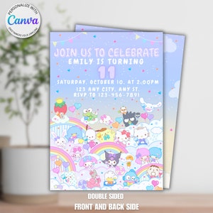 Digital Editable Kawaii Cat Invitation Template | Customizable Kitty and Friends Canva File Template | Kawaii Kitty Birthday Invite Template