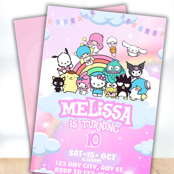 Editable Kawaii Kitty Birthday Template | Editable Kawaii Cat Canva Template | Kawaii Kitty and Friends Birthday Editable Invitation Card