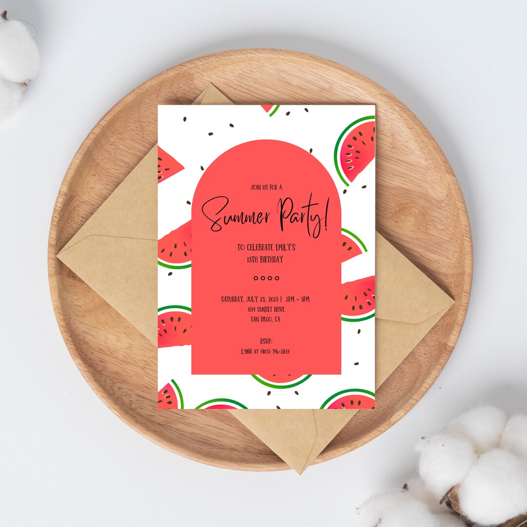 Editable Summer Party Invitation Watermelon Theme For Girls Pink And 