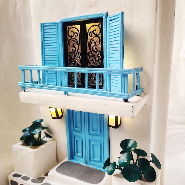 Kyma house - Santorini - Handcarved traditional Greek island house architectural model miniature door air plant holder wall hanging decor