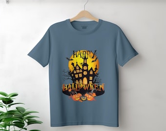 T-shirt med Halloween-motiv, spökhus, pumpa, läskig present till henne/honom, Halloween-kläder