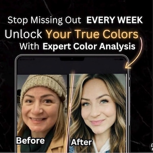 Peut inclure: Un écran de smartphone affiche une comparaison avant et après de l'apparence d'une personne. Le texte indique : Stop Missing Out EVERY WEEK Unlock Your True Colors With Expert Color Analysis. L'image avant montre une personne avec un bonnet beige.