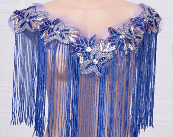 Handmade Silver Rhinestone Bodice Chest Applique for Women Dress, Tassel Fringe Trim on DIY Bridal Prom Costume - Blue, Gold, AB Color