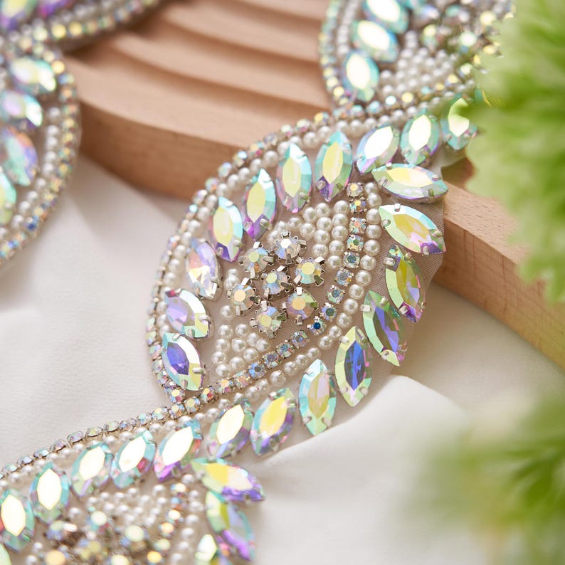 Iridescent Rhinestone Iridescent Rhinestone Applique Trim, DIY Wedding Dress Embellishment ...