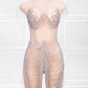 May include: A sheer, sleeveless dress with a silver chain design. The chain is made of small, sparkling rhinestones and is arranged in a cascading pattern. The dress is fitted and has a high neckline.