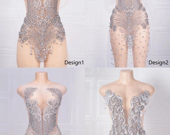 Handmade Rhinestone Bodice Applique for Crystal Beaded Patch for Bridal, Prom, Evening Dresses – Silver Mesh DIY Embellishment