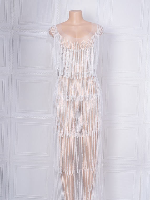 white dress with silver tassels White Fringe Beaded Dress // White and Silver Scalloped Hem Dress // Jewel Embellished Halter Dress