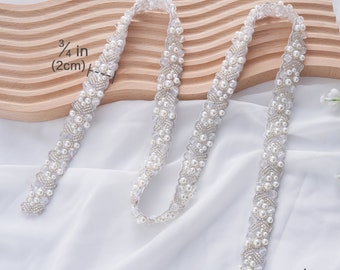 Handmade Silver Rhinestone Applique with Pearl Beads for Women's Dresses Embellishments, Ideal for DIY Bridal Wedding Dress Waist Belt