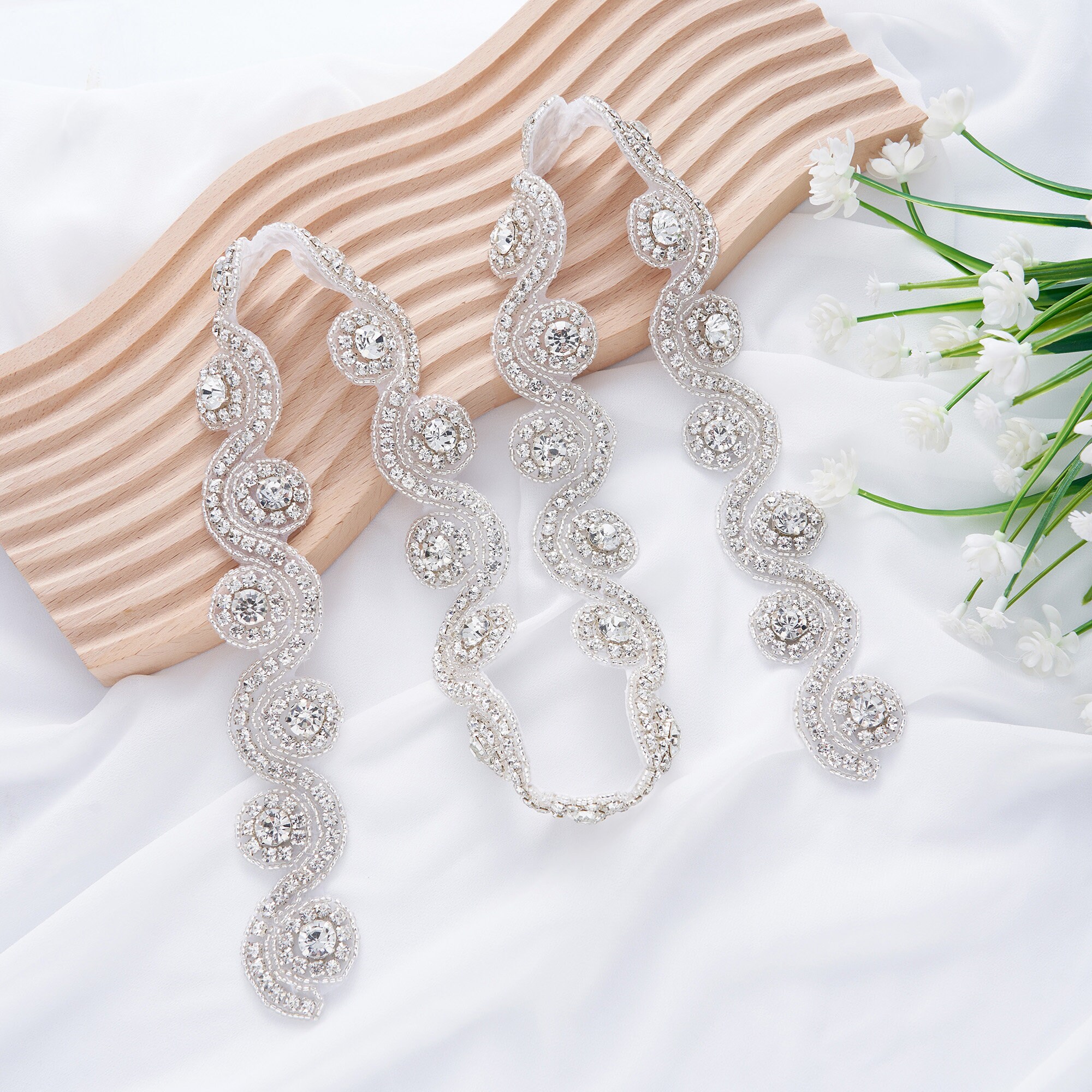 Rhinestone applique on gray satin sash belt skinny bridal belt sash rhinestones seed wedding prom formal  main image 2