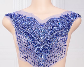 Blue Mesh Rhinestone Bodice Applique Choice for Woman's Dress, Handmade Compact Crystal Bead Net Trim on Wedding Bridal Couture