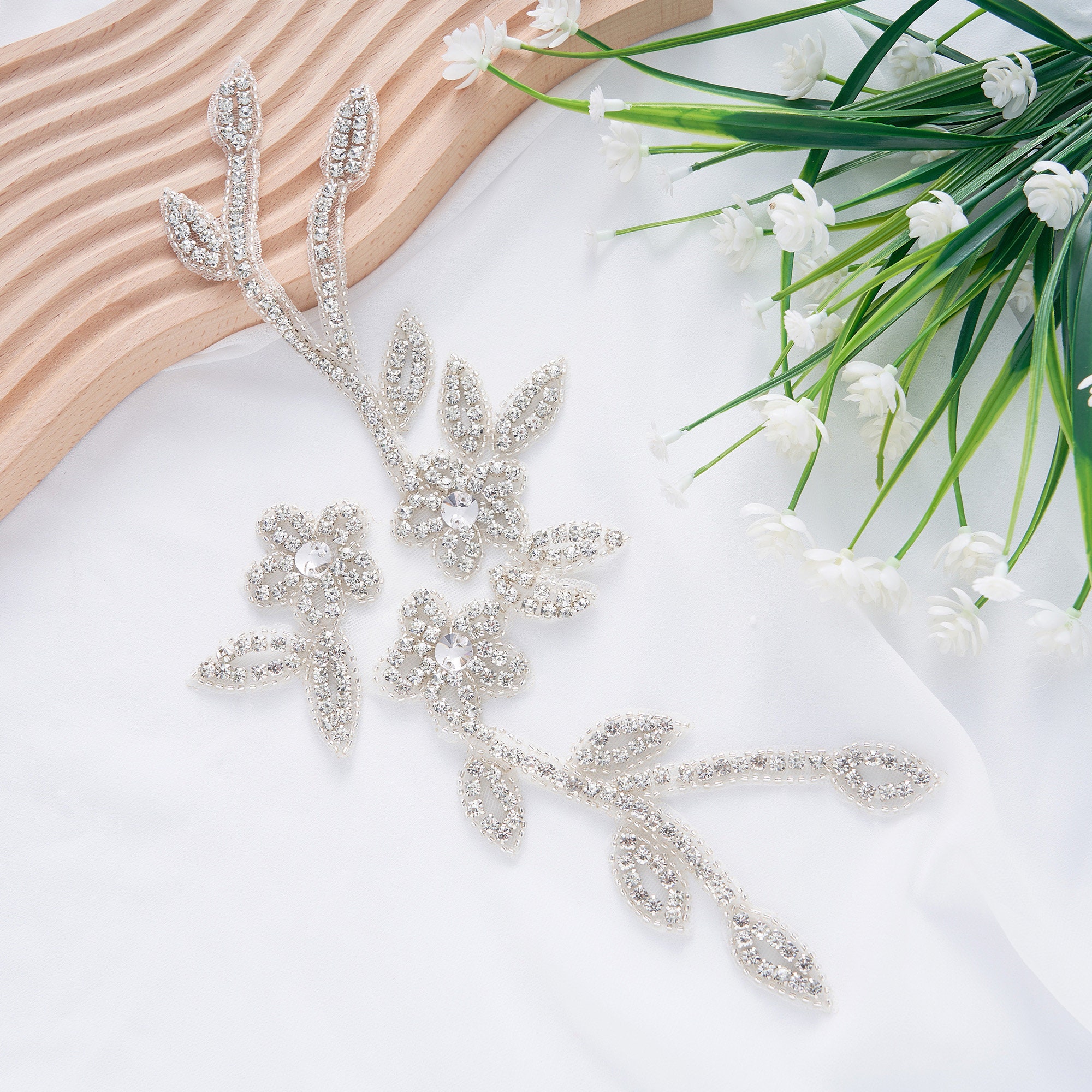 Silver Rhinestone Applique Handmade Floral Sash Belt for 