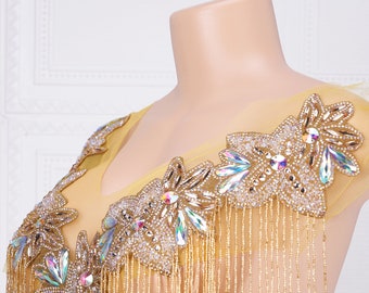 Handmade Silver Rhinestone Bodice Chest Applique for Women Dress, Tassel Fringe Trim on DIY Bridal Prom Costume - Blue, Gold, AB Color
