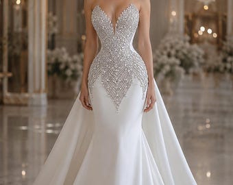 May include: A strapless white floor-length gown featuring a deep V-neckline and a fitted bodice heavily embellished with silver crystals and beads in a pointed pattern, transitioning into a smooth, solid white skirt with a long train.