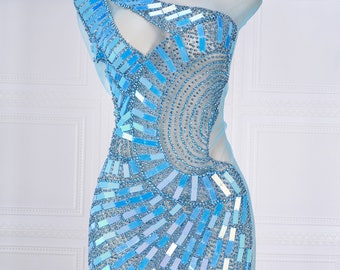 Aquamarine Mirror Rhinestone Bodice Applique for Woman's Dress, Gorgeous Light Blue Crystal Sequin Patch Trim on Wedding Bridal Couture