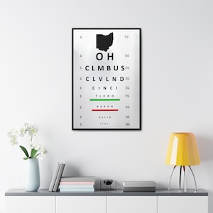 May include: Black and white eye chart with the state of Ohio outlined in black. The chart lists cities in Ohio, including Columbus, Cleveland, Cincinnati, Toledo, Akron, Dayton, and Parma.