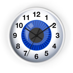 May include: White round clock with black numbers and hands. The clock face features a blue eye with a black pupil.