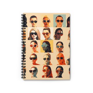 May include: A colorful collage of 20 faces wearing sunglasses. Each face is a different color and has a unique style of sunglasses. The background is a light beige color.